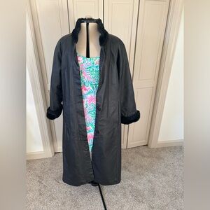 Vintage Vanna White Black Faux Fur Trim Long Coat